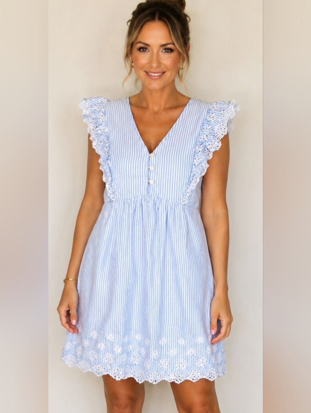 LOFT Blue White Striped Eyelet Ruffle Cottagecore Coastal Summer Dress Coquette